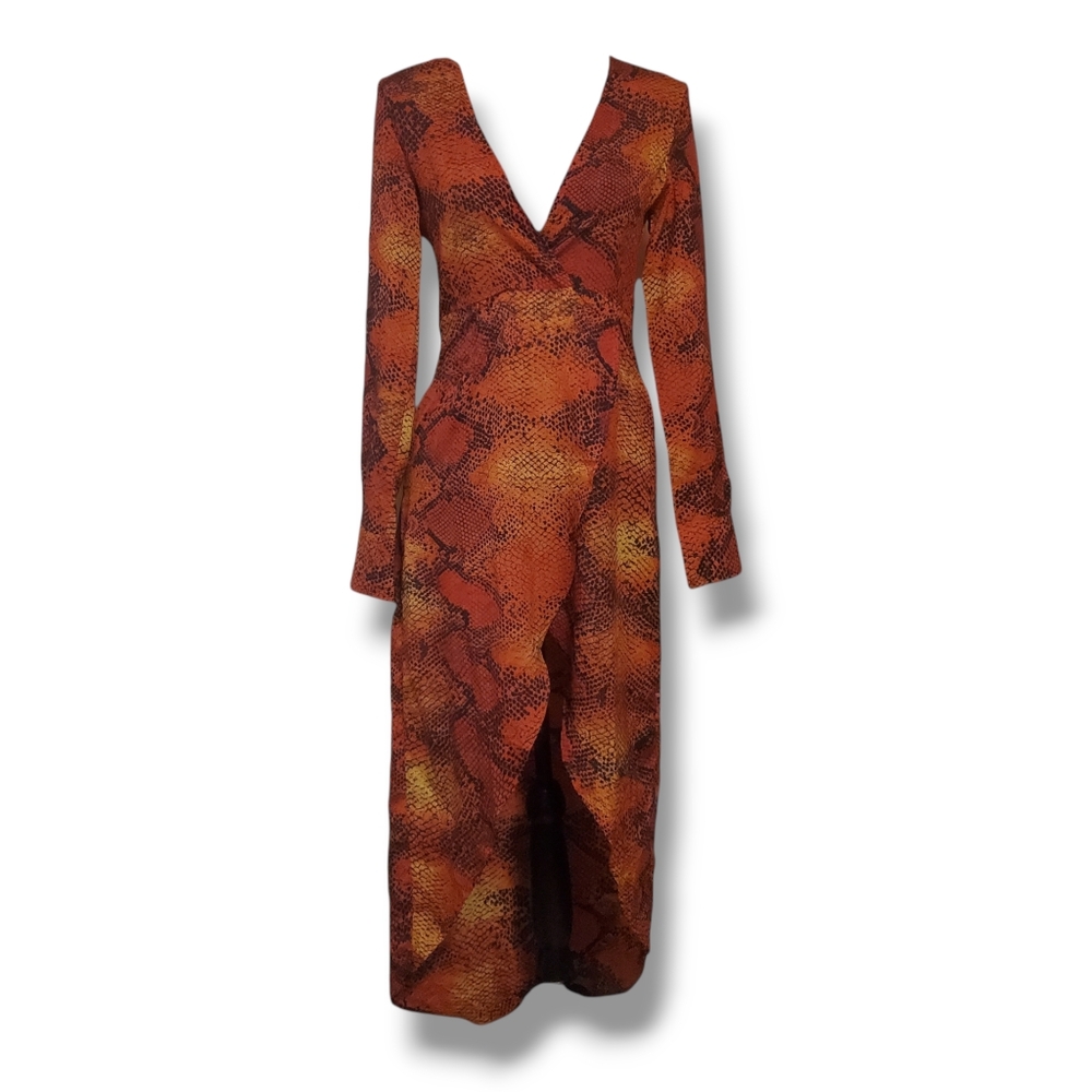 Snake Skin Print Long Sleeve V-Neck Semi Wrap Skirt Long Dress